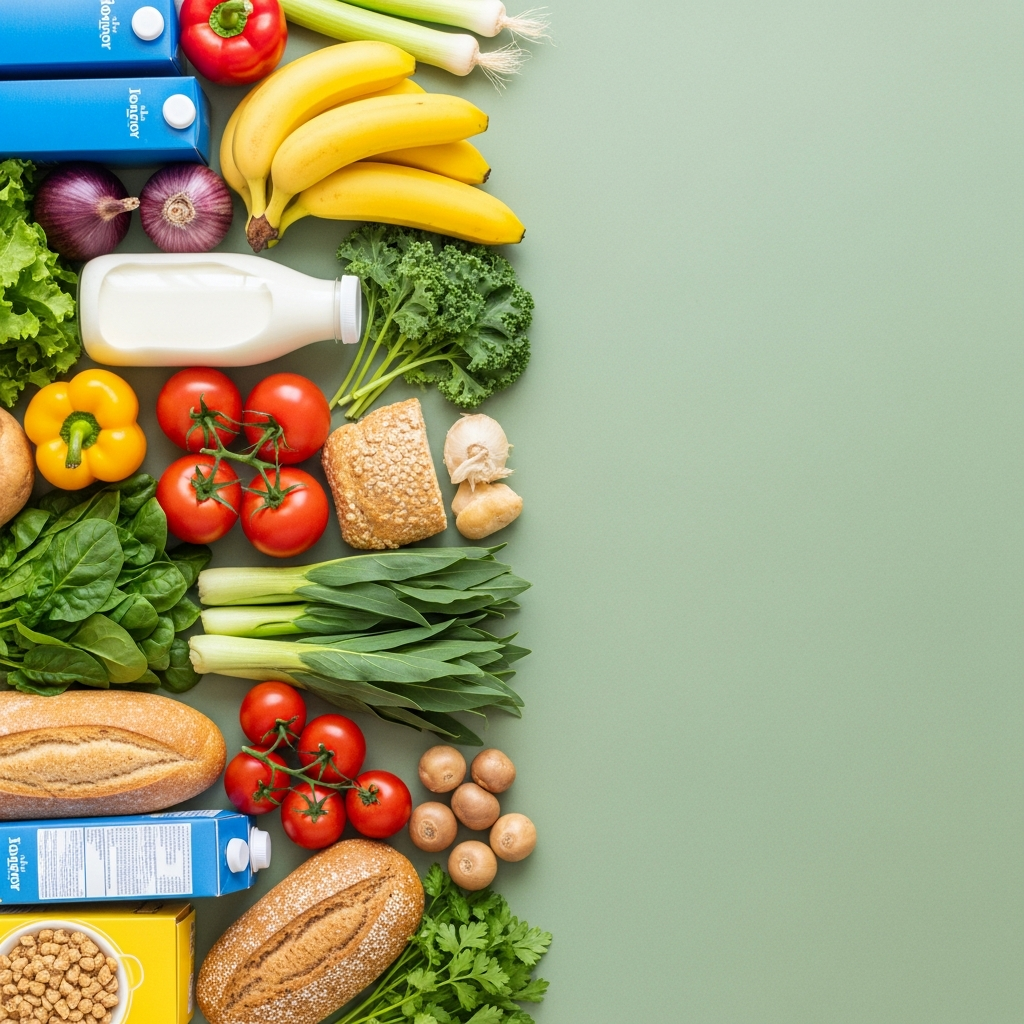 Fresh groceries on a sage-green surface